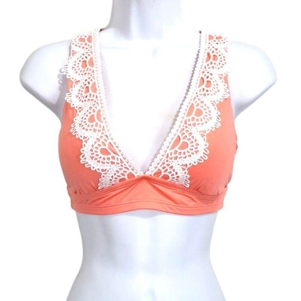 Bikini Top‎ Medium Coral Pink Crochet Lace Trim V-Neck Unbranded Beachwear